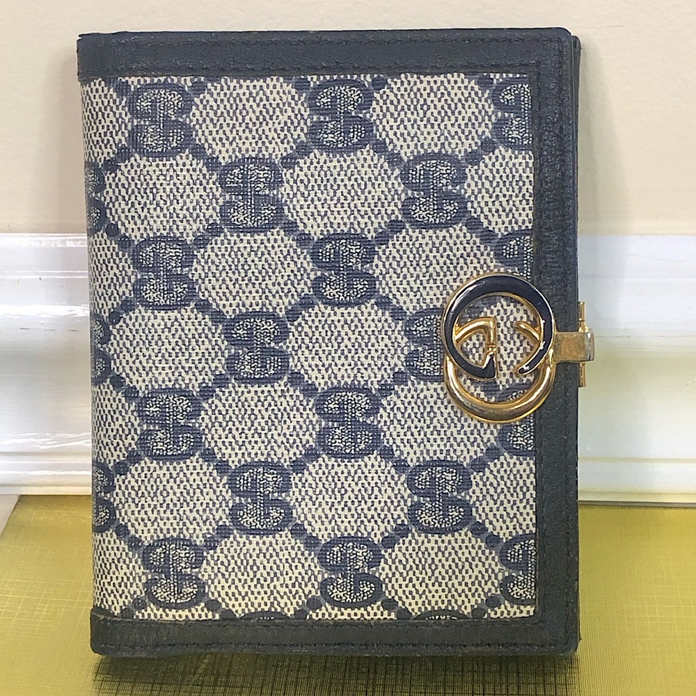 GUCCI GG Web Monogram Navy Blue Leather Coated Canvas Compact Bifold Wallet - Picture 16 of 17